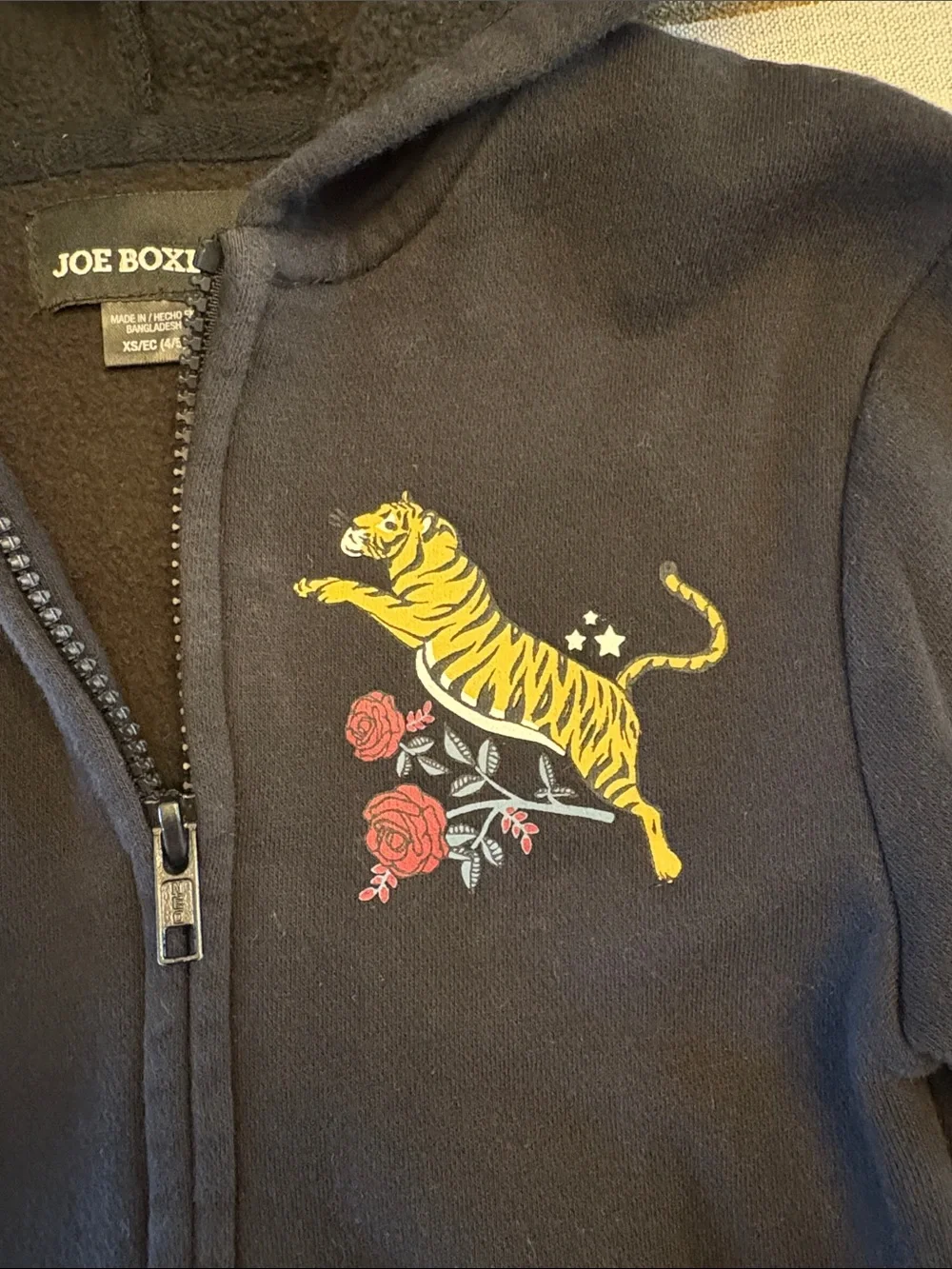 Joe Boxer Black Zip Hoodie with Tiger and Red Rose, Size XS